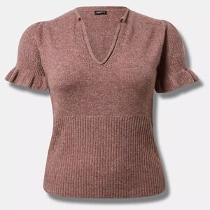 TORRID Vegan Cashmere Sweater V‎ Neck Ruffle Short Sleeve Top Rose Mauve Size 4